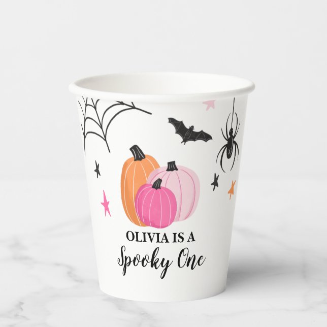 Spooky One Halloween PINK Pumpkins Birthday Paper Cups (Front)
