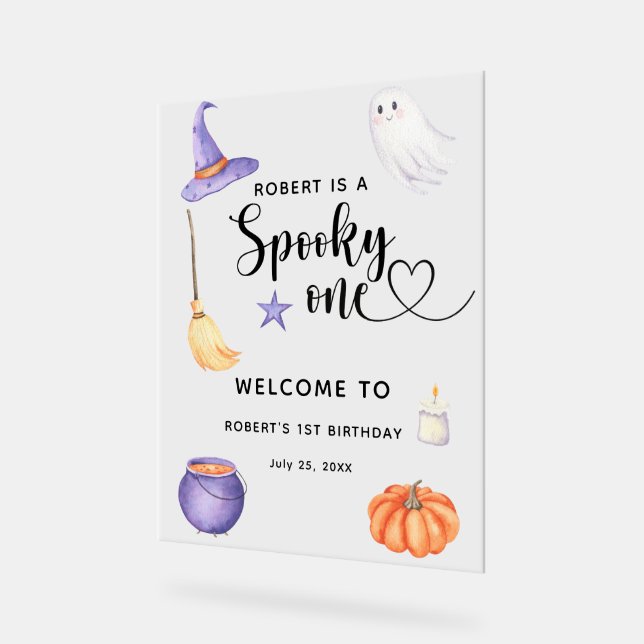 Spooky One Halloween Welcome to 1st Birthday Acrylic Sign (Angle)