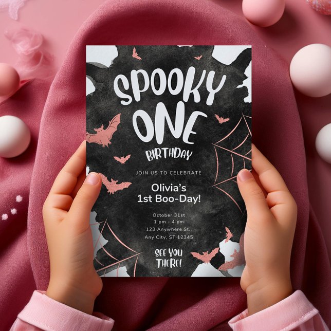Spooky One Invitation Halloween Birthday Pink Bats (Spooky One Invitation Halloween Birthday Template,EDITABLE Black Pink Cute Bats First Birthday Invit)