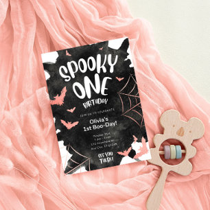 Spooky One Invitation Halloween Birthday Pink Bats Postcard
