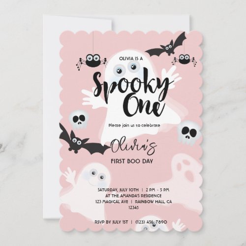 Spooky One Pink 1st Birthday Ghost Girls Halloween Invitation