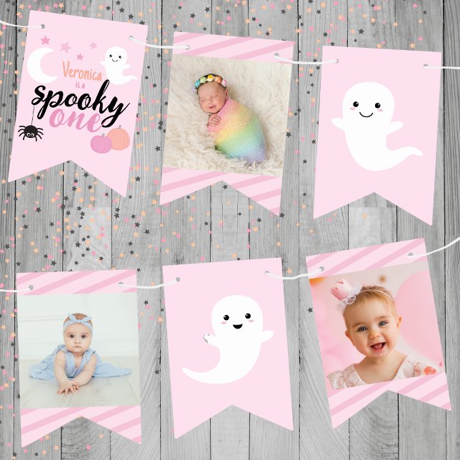 Spooky One Pink First Birthday Bunting Flags (Spooky One Birthday Banner)