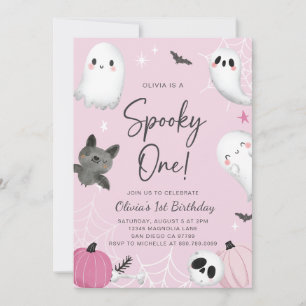 Spooky One Pink Ghost First Birthday Invitation