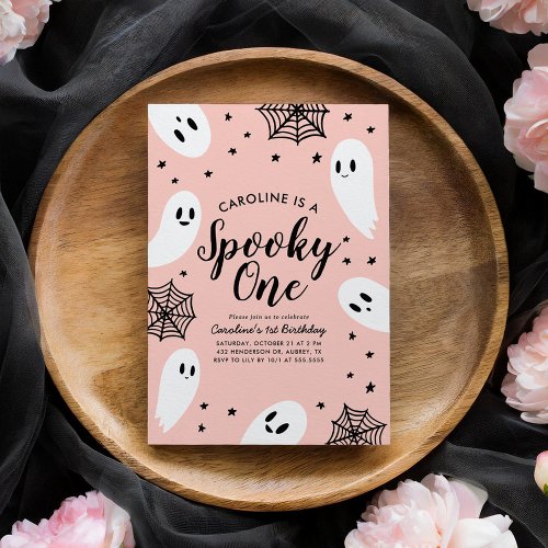 Spooky One Pink Ghost Halloween 1st Birthday Invitation