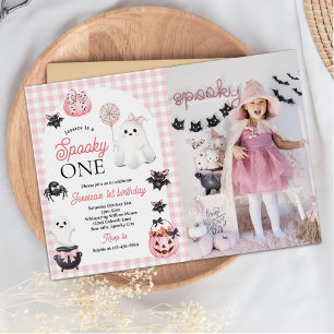 Spooky One Pink Ghost Halloween 1st Birthday Photo Invitation