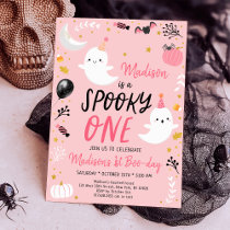 Spooky ONE Pink Ghost Halloween Birthday Invitation