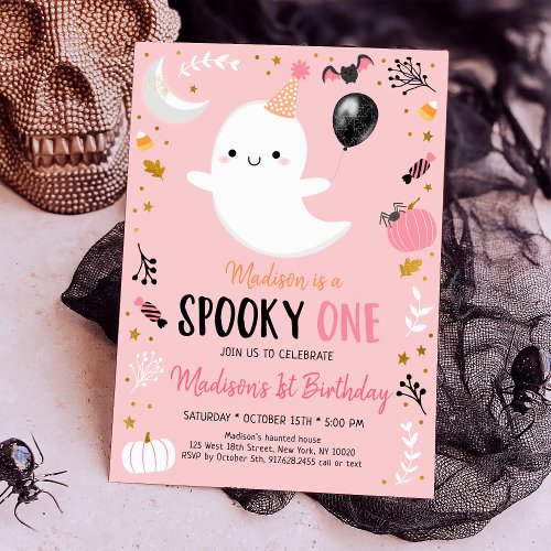 Spooky ONE Pink Ghost Halloween Birthday Invitation