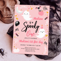 Spooky ONE Pink Ghost Halloween Birthday Invitation