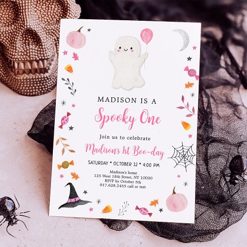 Spooky One Pink Ghost Halloween Birthday Invitation
