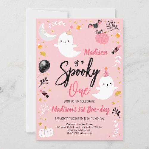 Spooky ONE Pink Ghost Halloween Birthday Invitation