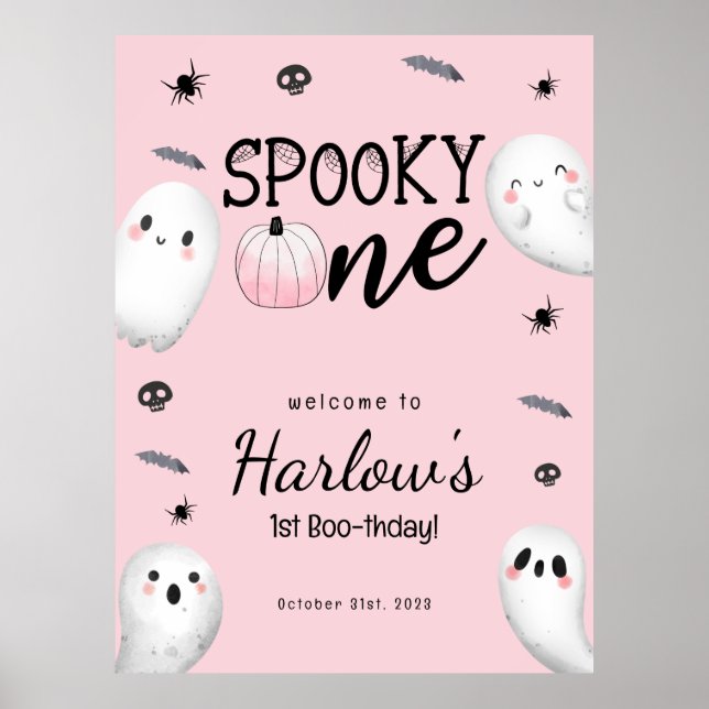Spooky One Pink Ghost Halloween Birthday Welcome  Poster (Front)