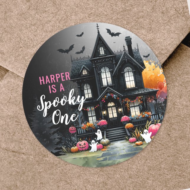 Spooky One Pink Halloween 1st Birthday Party Classic Round Sticker (Spooky One Pink Halloween 1st Birthday Party Classic Round Sticker)