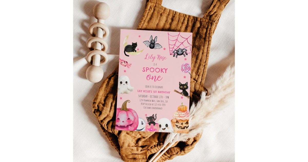 Spooky One Pink Halloween Cute Ghost 1st Birthday Invitation | Zazzle