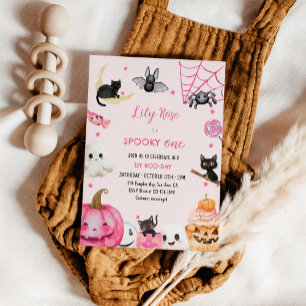 Spooky One Pink Halloween Cute Ghost 1st Birthday Invitation