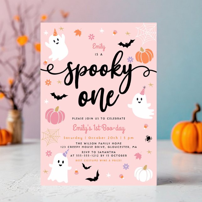 Spooky One Pink Halloween Cute Ghost 1st Birthday Invitation (Creator Uploaded)