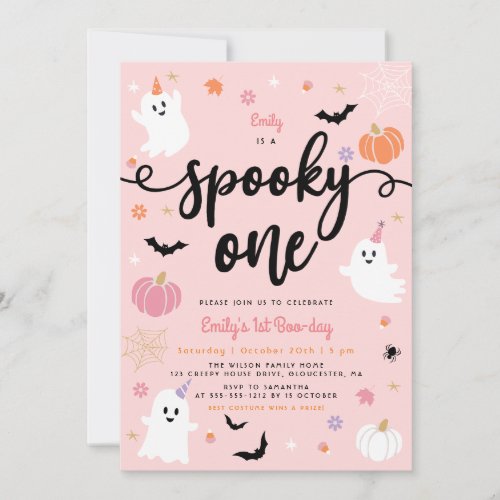 Spooky One Pink Halloween Cute Ghost 1st Birthday Invitation