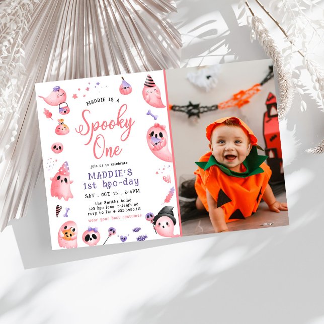 Spooky One Pink Halloween Ghost 1st Photo Birthday Invitation (Creator Uploaded)
