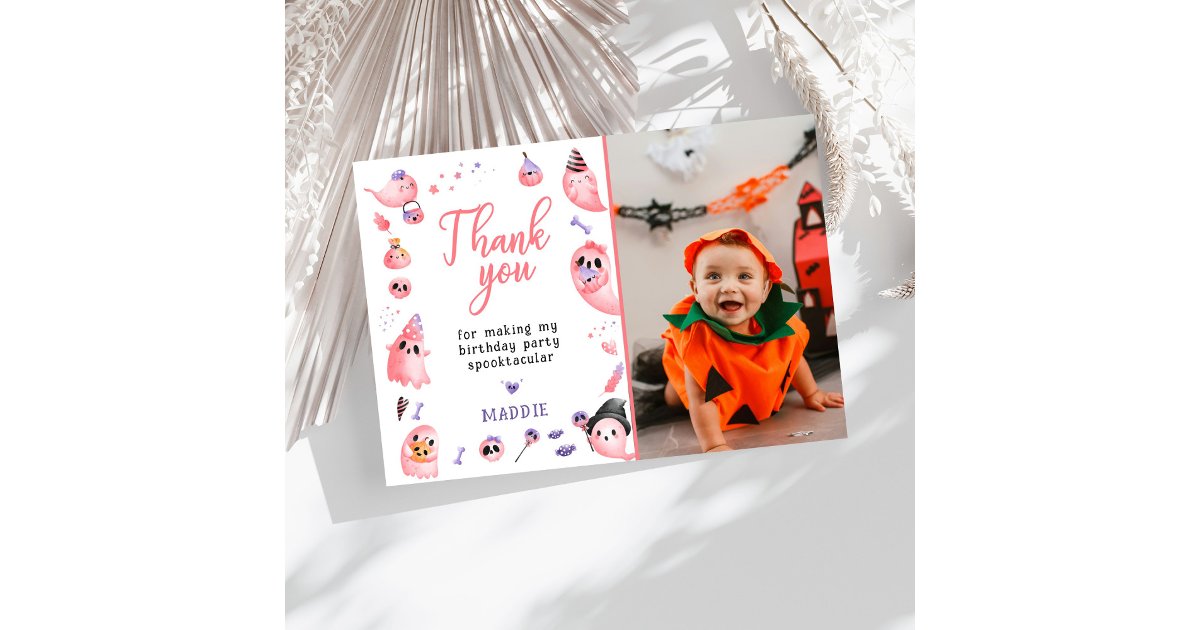Spooky One Pink Halloween Ghost 1st Photo Birthday Thank You Card | Zazzle