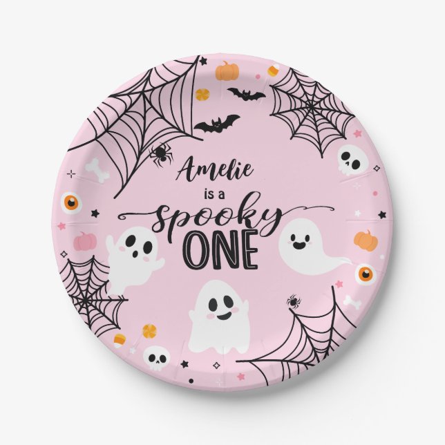 Spooky One Pink Halloween Ghost Paper Plates (Front)