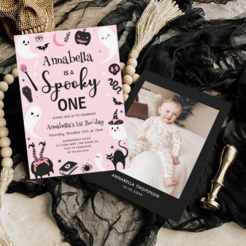 Spooky One Pink Halloween Photo 1st Birthday Invitation