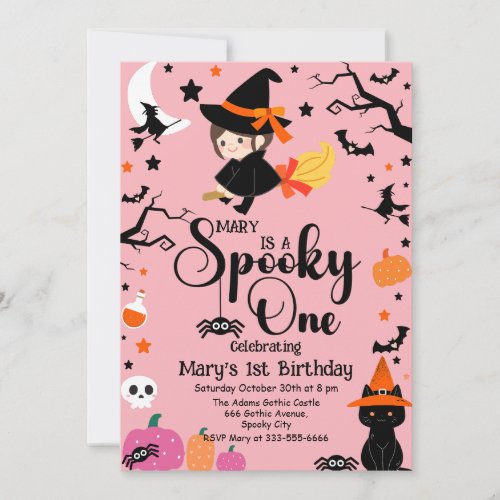 Spooky One Pink Witchy Halloween Birthday Party Invitation