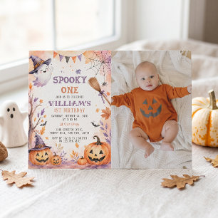 Spooky One Pumpkin Ghost 1st Birthday Invitation