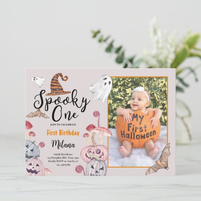 Spooky One Pumpkin Halloween Birthday With Photo Invitation (Standing Front)
