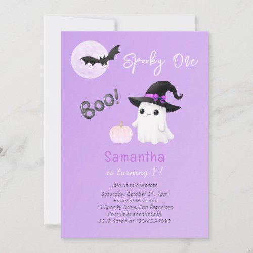 Spooky One Purple Halloween Ghost 1st Birthday  Invitation