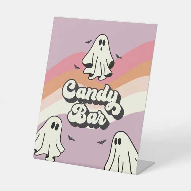 Spooky One Retro Ghost Birthday Candy Bar Pedestal Sign (Front)