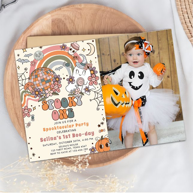 Spooky One Retro Ghost Halloween Birthday Photo Invitation (Creator Uploaded)