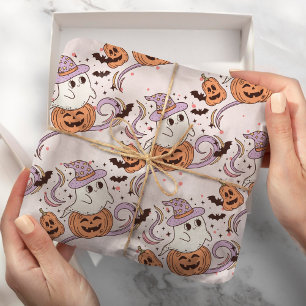 Spooky One Retro Ghost & Pumpkin Pink Halloween Wrapping Paper