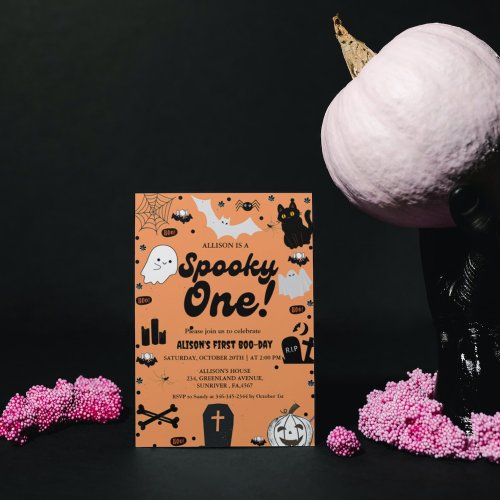 Spooky One Retro Grovy Halloween Girl 1st Birthday Invitation