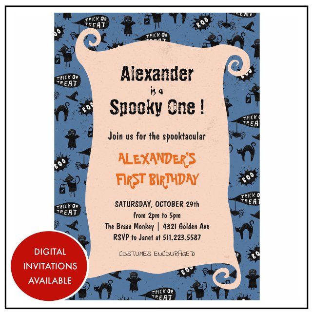 Spooky one Spooktacular Halloween 1st birthday Invitation (Halloween-1st-birthday-Invitation-Spooky-one-Spooktacular-boy-blue-1)