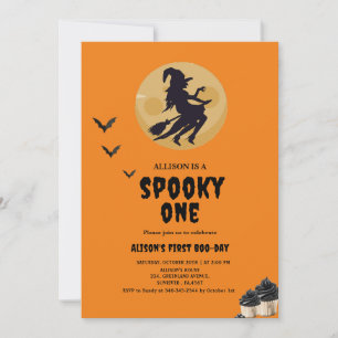spooky one witch orange Halloween Birthday Party Invitation