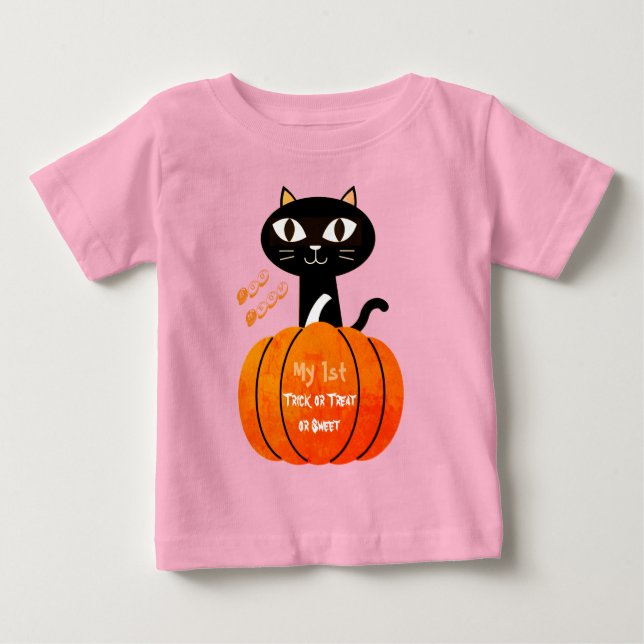 Spooky Orange Black Cat Pumpkin My 1st Halloween Baby T-Shirt (Front)