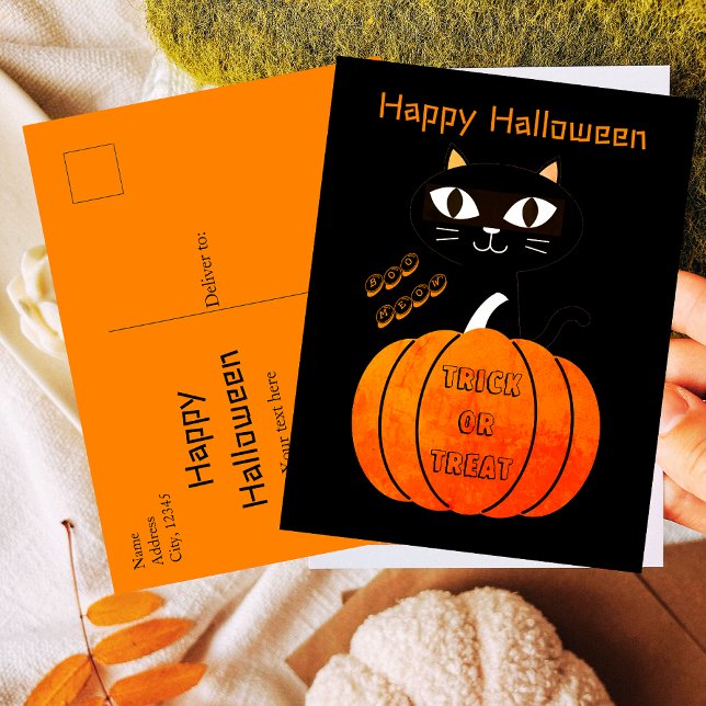 Spooky Orange Black Cat Trick or Treat Halloween  Postcard (Creator Uploaded)