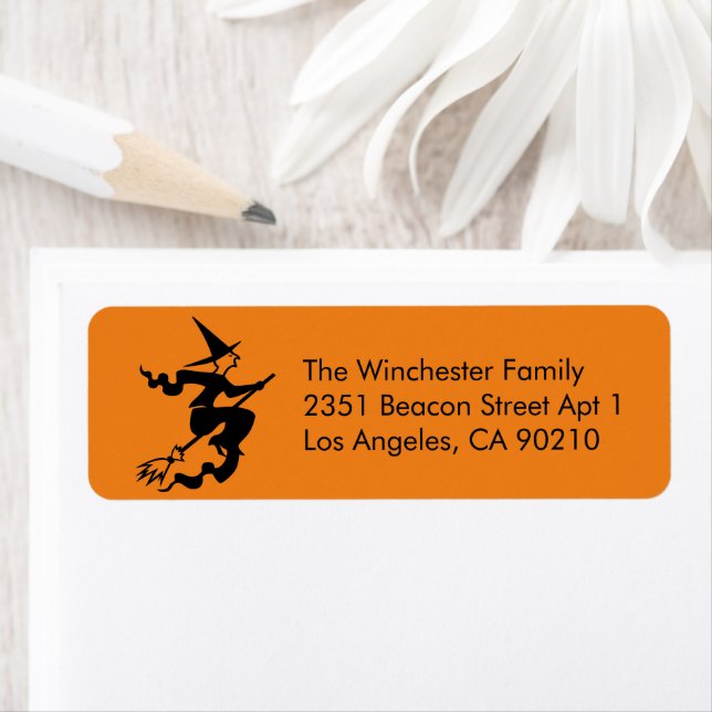 Spooky orange black flying witch Halloween address Label (Insitu)