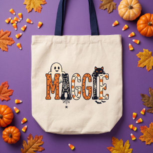 Spooky Orange Black Halloween Name Tote Bag