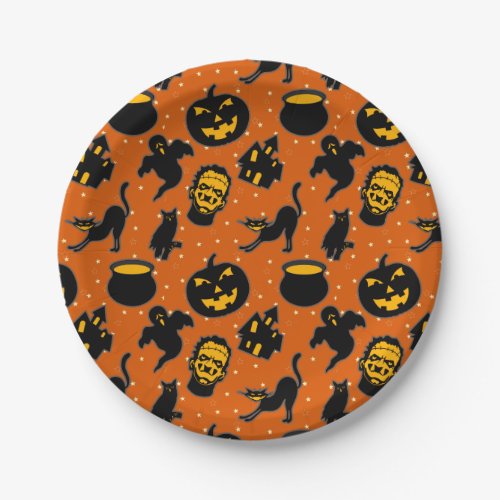 Spooky Orange  Black Halloween Pattern Paper Plates