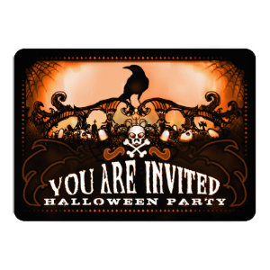 Spooky Orange & Black Raven Halloween Party Invite