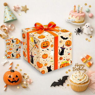 Spooky Orange Cute Ghost Halloween Birthday Wrapping Paper Sheets