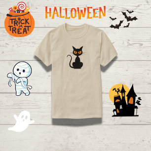 Spooky Orange-Eyed Black Cat Halloween T-Shirt