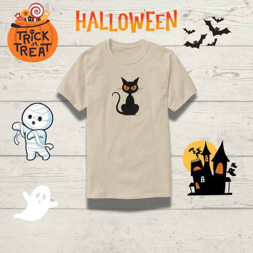 Spooky Orange_Eyed Black Cat Halloween  T_Shirt