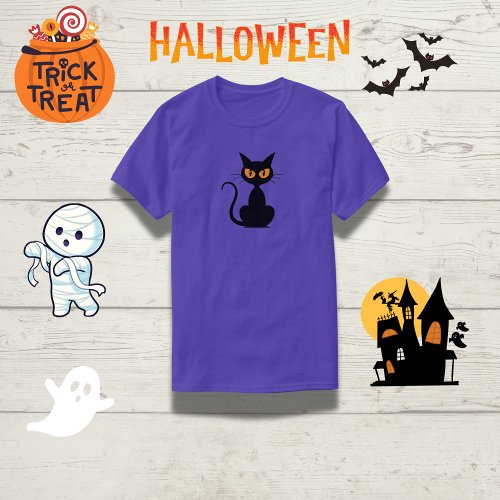 Spooky Orange_Eyed Black Cat Halloween  T_Shirt