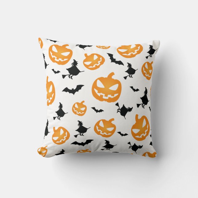 Spooky Orange Halloween Pumpkin Seamless Pattern Throw Pillow (Front)