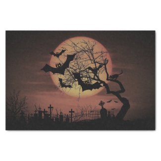 Spooky Orange Harvest Moon Bats and Cemetary 