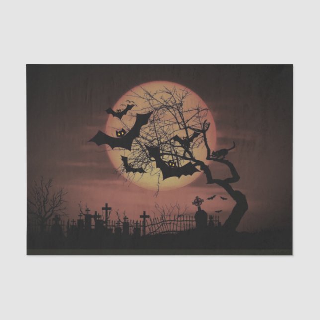 Spooky Orange Harvest Moon Bats and Cemetary  Tissue Paper (Front)