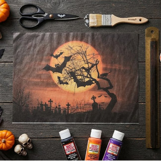 Spooky Orange Harvest Moon Bats and Cemetary Tissue Paper