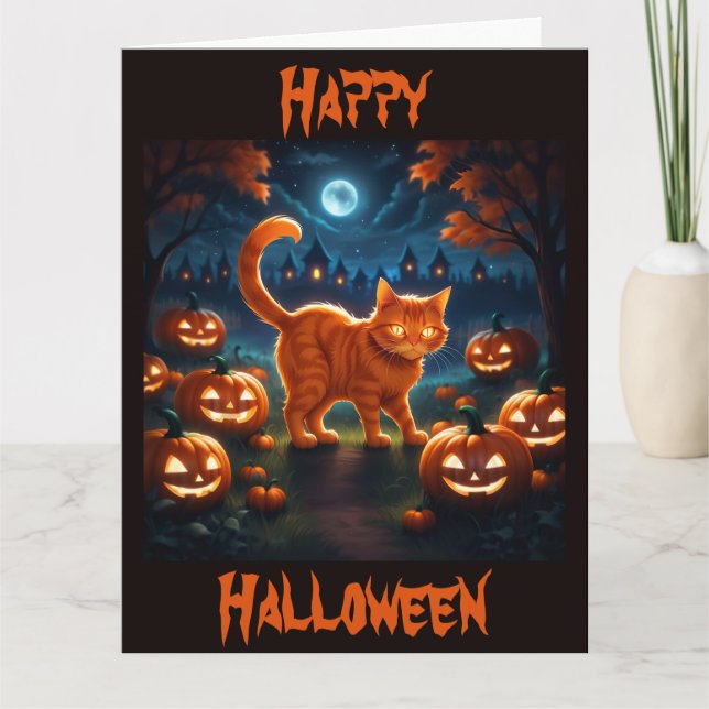Spooky Orange Kitten on Halloween Night Card (Front)
