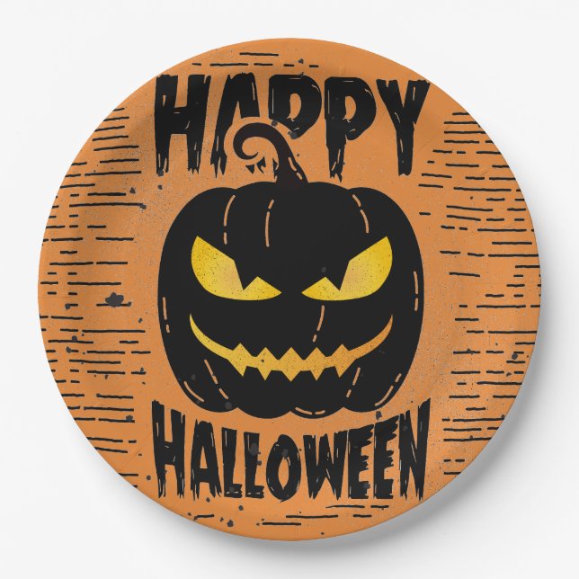 Spooky Orange Pumpkin Black Halloween party Paper Plates (Front)